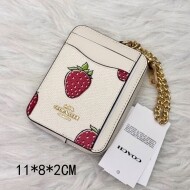 코치 CAR32 스트로베리 프린트 ID 배지 지퍼 카드 지갑